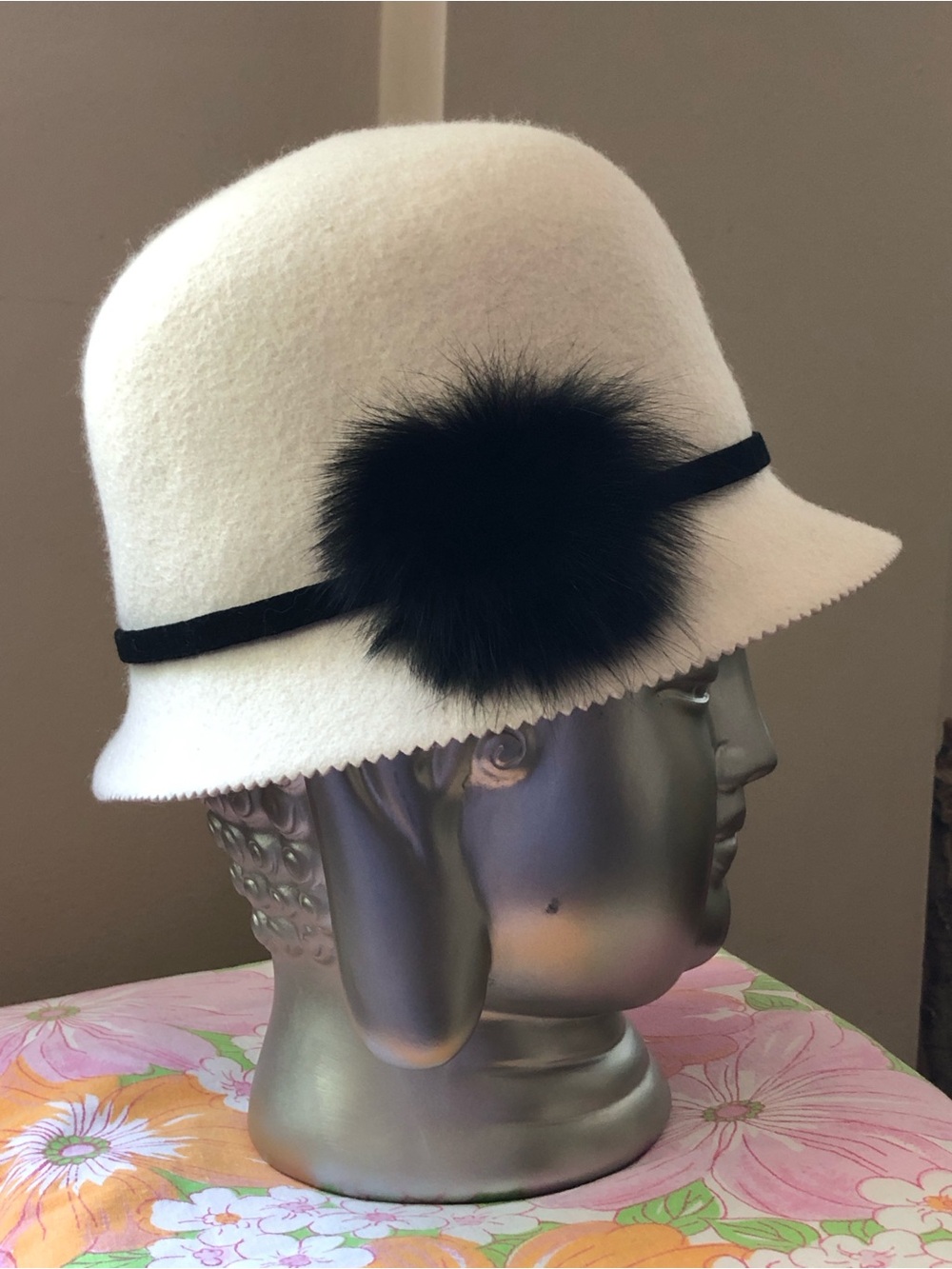🍦Vintage Bucket Hat Cloche Galliano Sorbatti Made in Italy Real Fur Pom - Picture 9 of 13